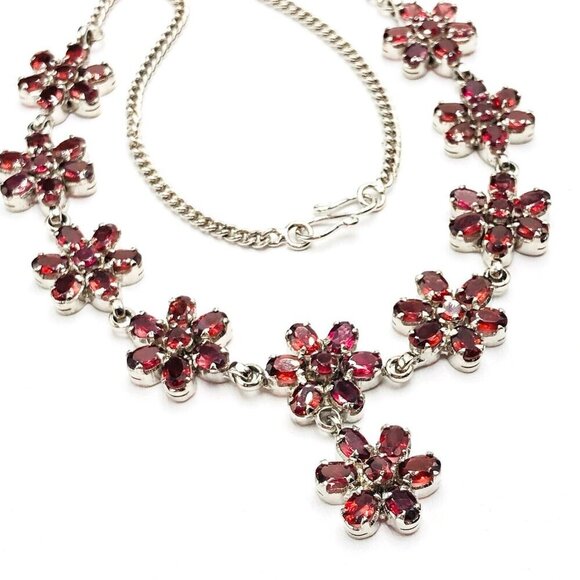Womens Necklace Red Garnet  Sterling Silver Statement Flower Design Estate - Picture 3 of 4